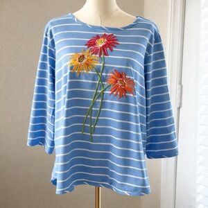 Vintage Bob Mackie Wearable Art Blue White Striped Floral Embroidered Top L